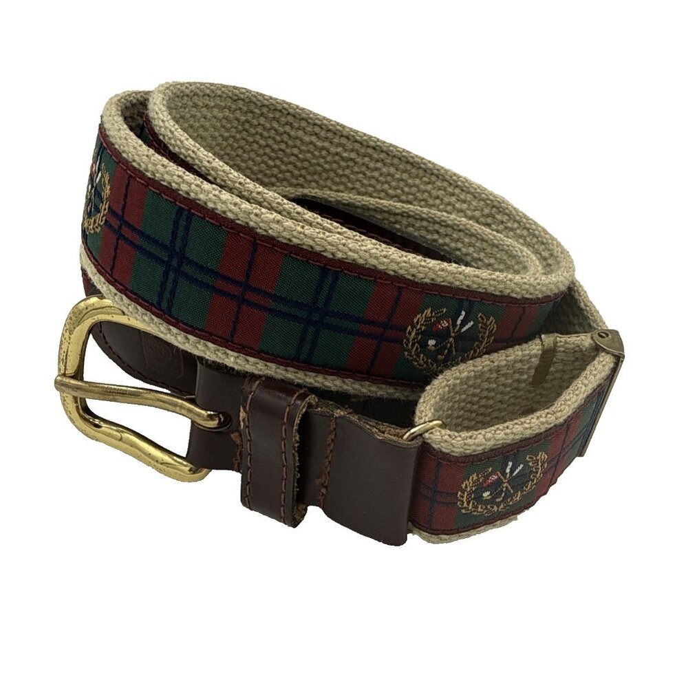 Golf Belt Canvas Leather Mens Brass Hardware 1.5" Green Maroon Plaid Adjustable